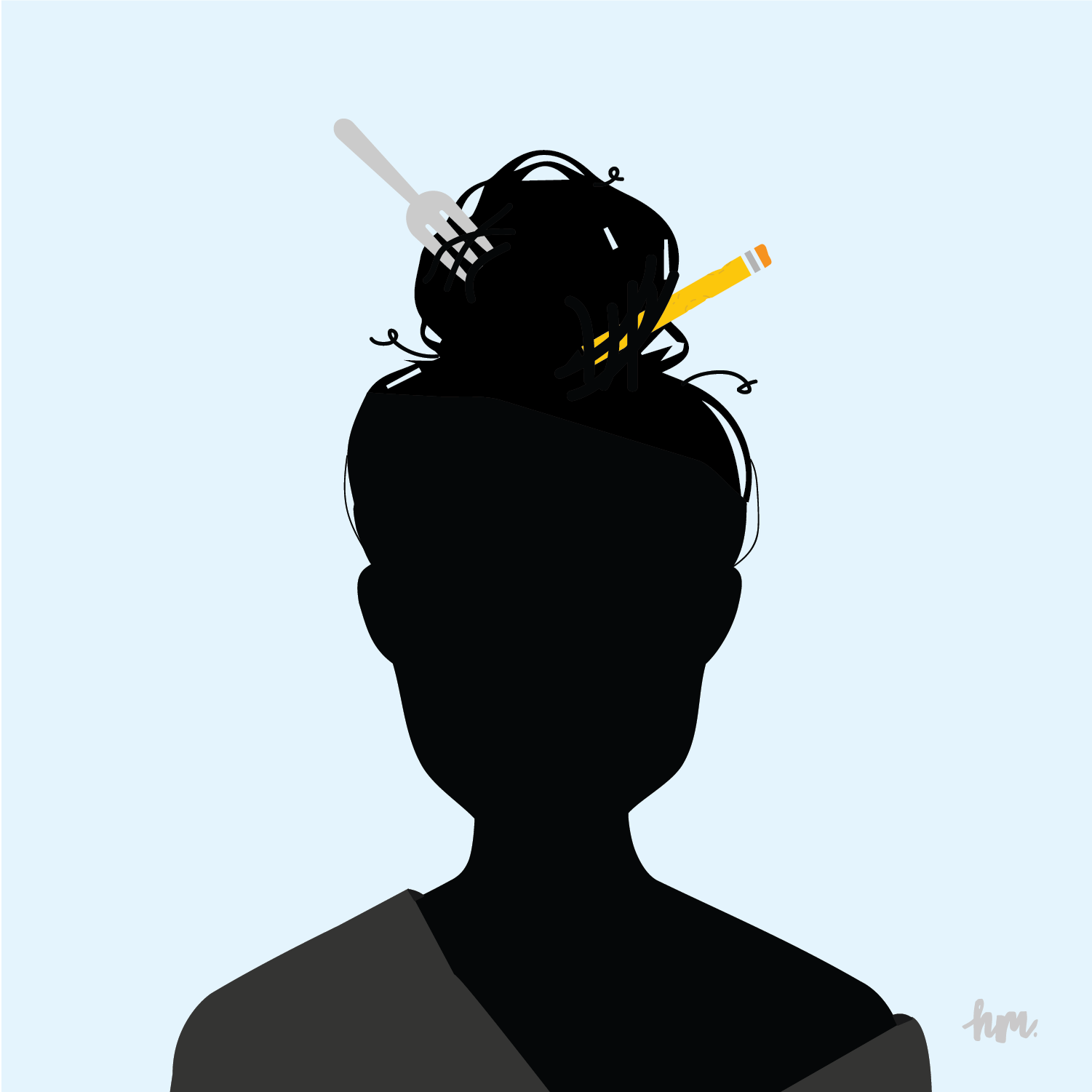 Silhouette of Honey with a chewed pencil and a fork stuck in a bun on her head