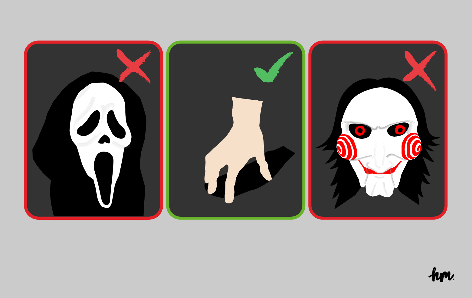 Illustration of three characters from Halloween movies: the mask from Scream, the face of Jigsaw from Saw, and the thing from The Adams Family. The thing has a green checkmark next to it, while the other two each have a red x next to them.