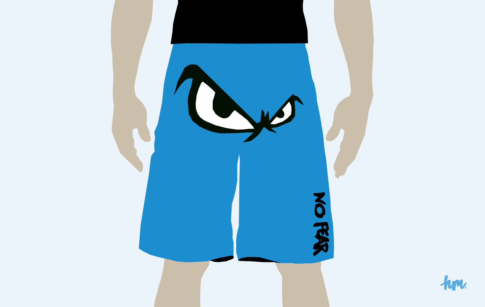 Illustration of a man wearing board shorts that have large glaring eyes over the crotch area and the words "No fear" on the leg.