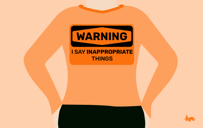 Illustration of a woman wearing a long-sleeve shirt that states, "Warning: I say inappropriate things."
