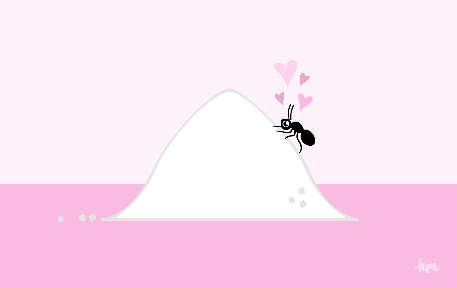 Illustration of an ant finding a sugar pile on the kitchen counter with pink hearts above the ant's head.