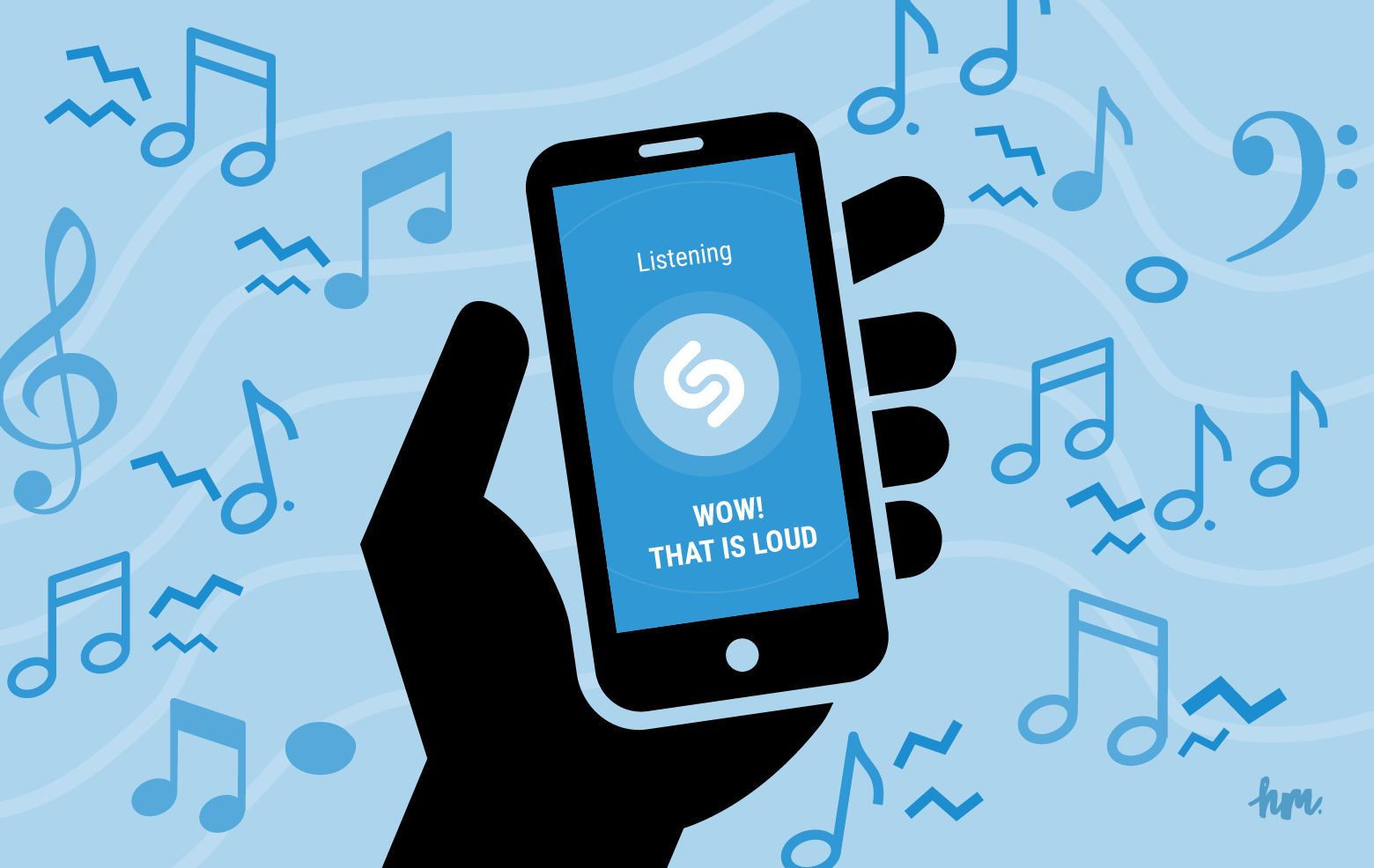 Illustration of hand surrounding by loud musical notes, holding phone with Shazam app. The app states, "Wow! That is loud."