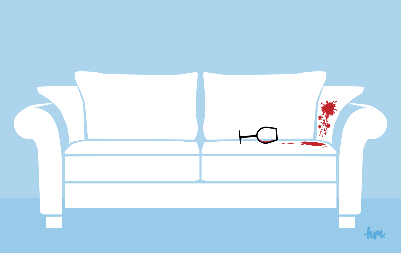 Illustration of a white couch with crimson splatters all along the right side and a red wine glass tipped over with a puddle of wine beside it.