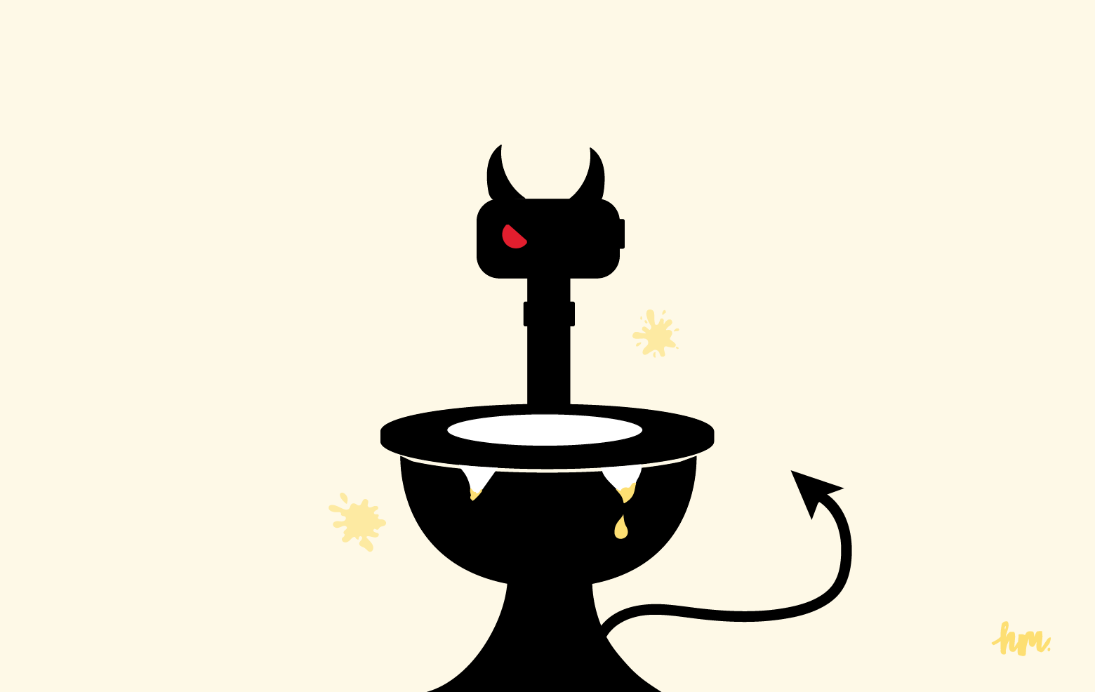 Illustration of a public automatic toilet with a slanted red eye, horns, fangs, and a forked tail.