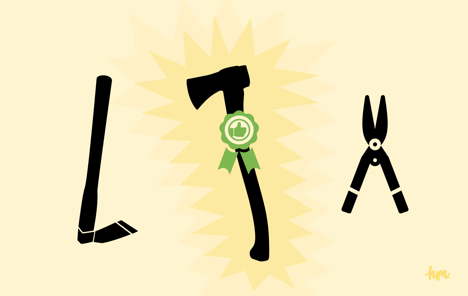 Illustration for the post "I removed a dead root...with an ax." Illustration of garden tools in a row: a hoe, an ax, and hedge shears. The ax is surrounded by light and has a green ribbon on it with a thumbs up symbol in the middle.
