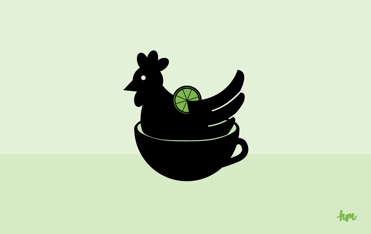 Illustration of a chicken with a lime wedge on its back inside a large mug.