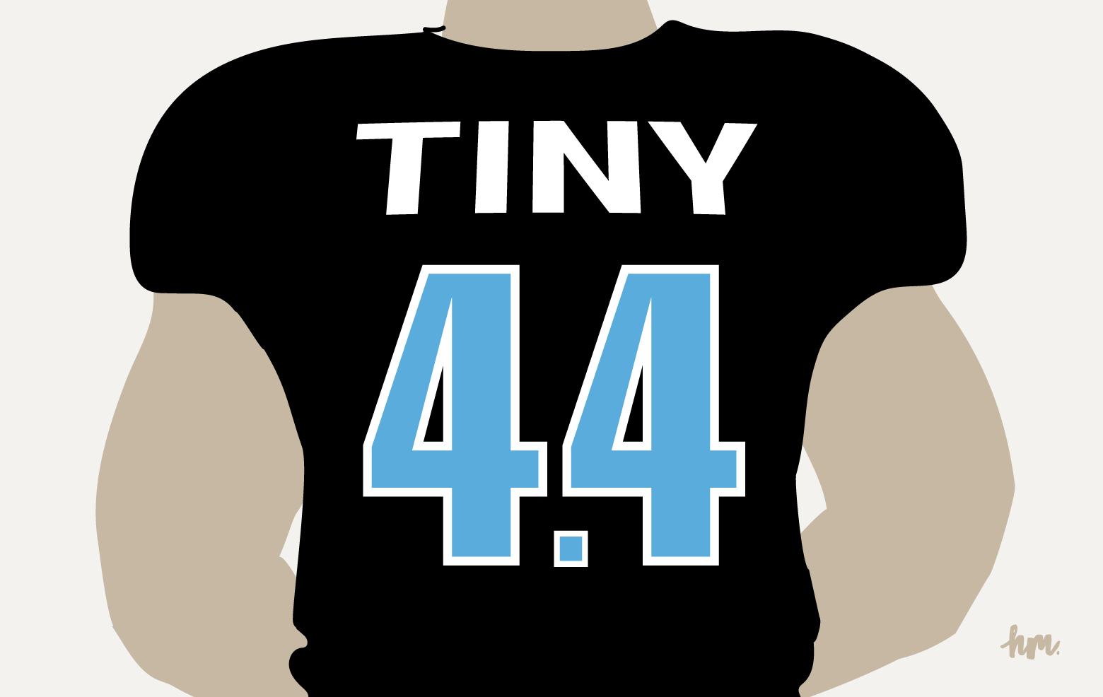 Illustration of a linebacker with the name Tiny and the number 4.4 on his jersey.