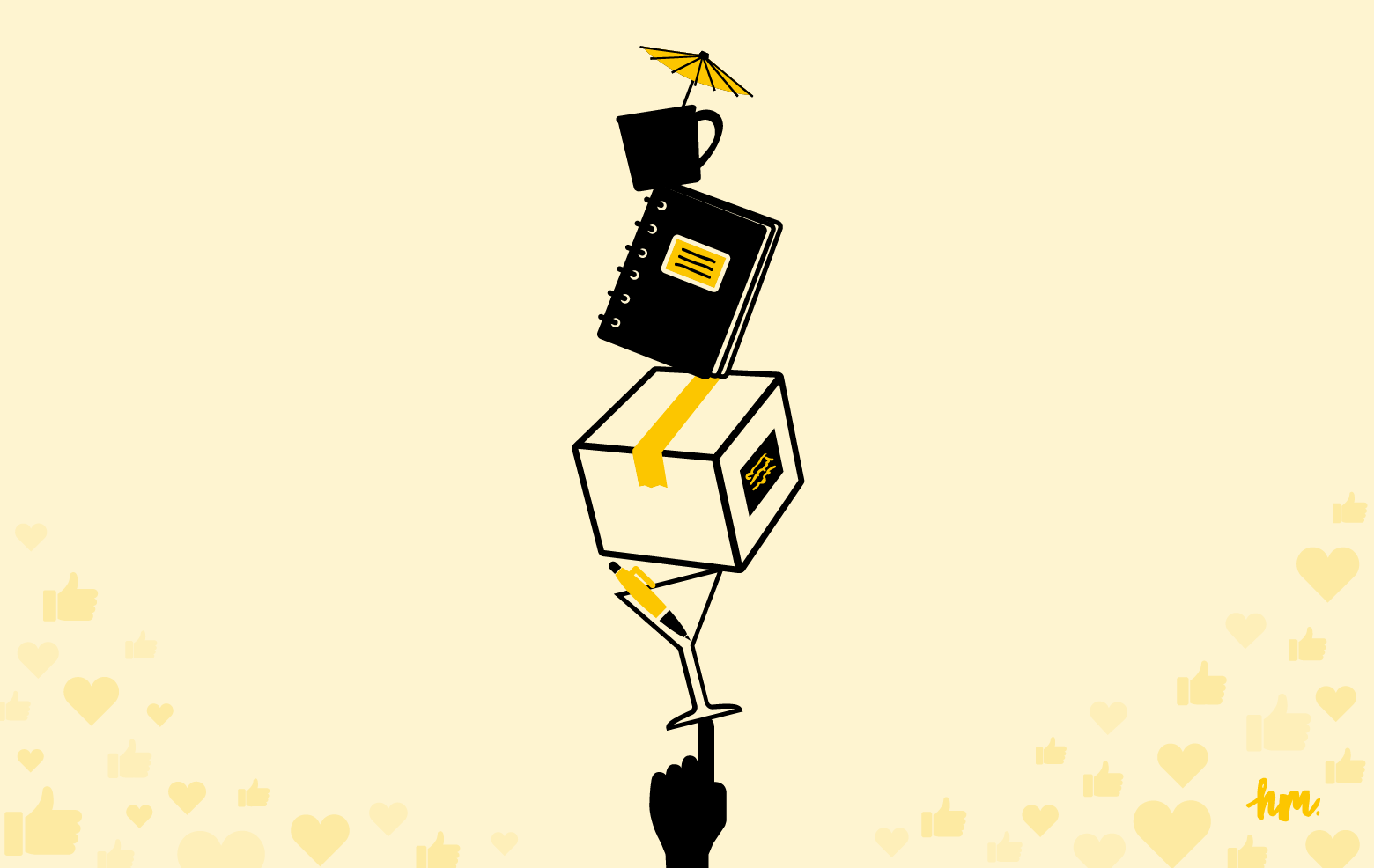 Illustration of one finger balancing a martini glass with a ballpoint pen inside, a box with a label, a journal with an address label, and a coffee cup with a cocktail umbrella.