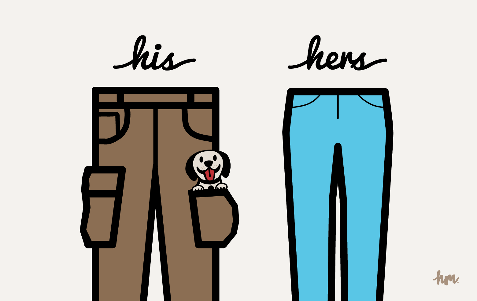 Illustration of his cargo pants with full pockets including a puppy in one pocket and her pants with two tiny pockets.