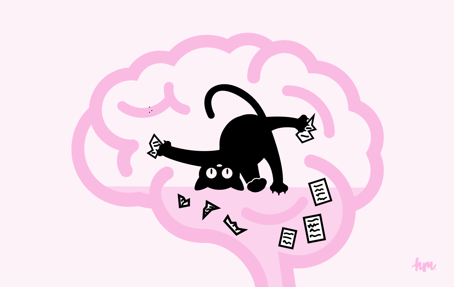 Illustration of a kitten playing with and shredding thoughts as they enter the brain.
