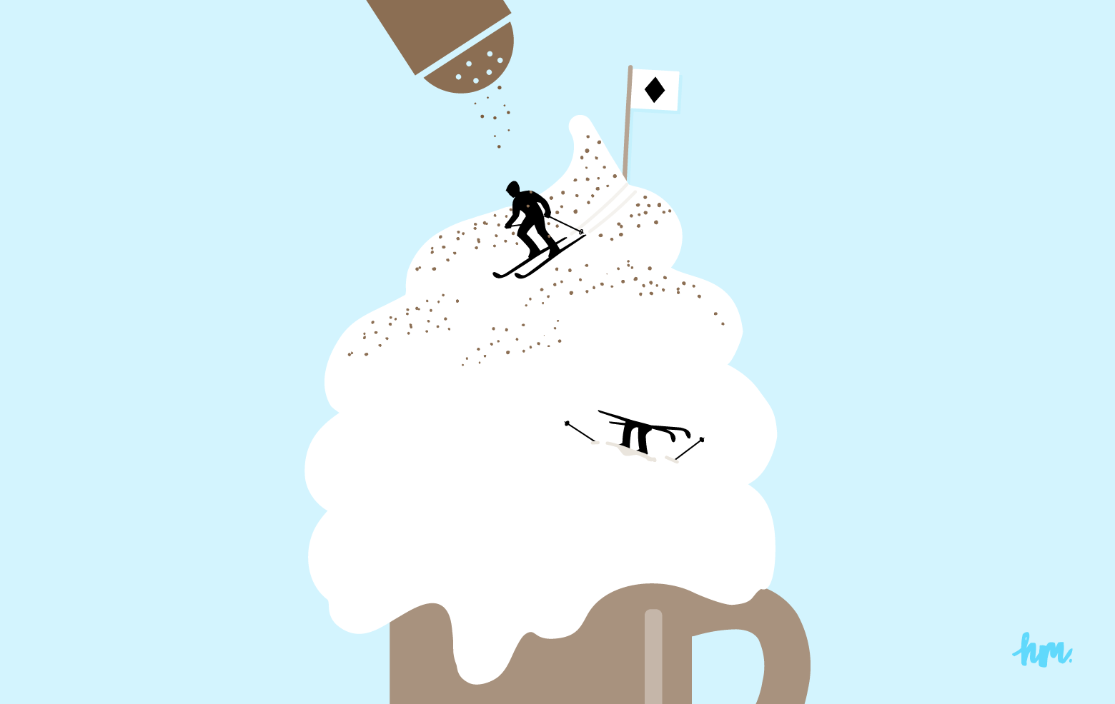 Illustration of black diamond skiers, skiing down a mountain of whipped cream in a mug.