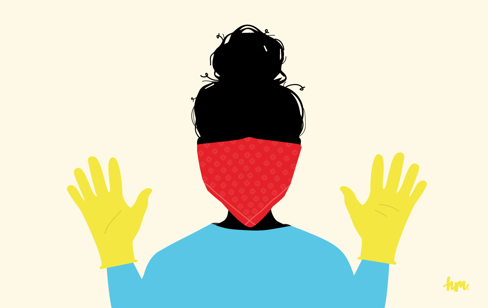Illustration of me wearing a red handkerchief mask on my face and yellow rubber gloves on my hands.