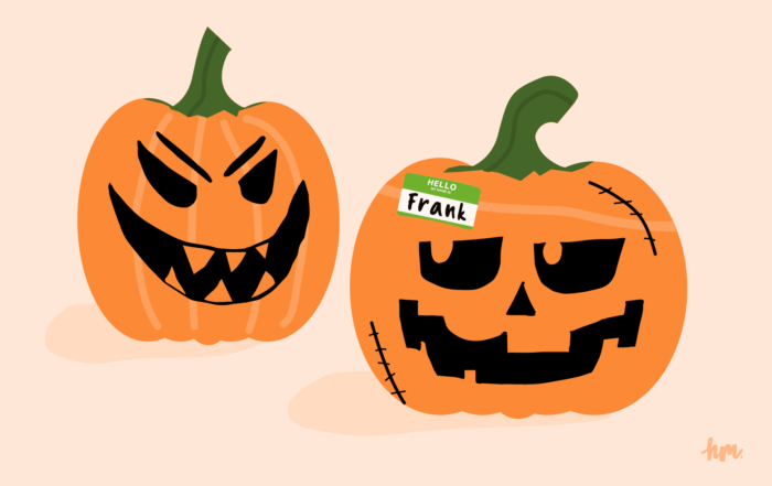Illustration of two carved pumpkins. The one in the front that looks like Frankenstein has a label stating, "Hello, My name is Frank."