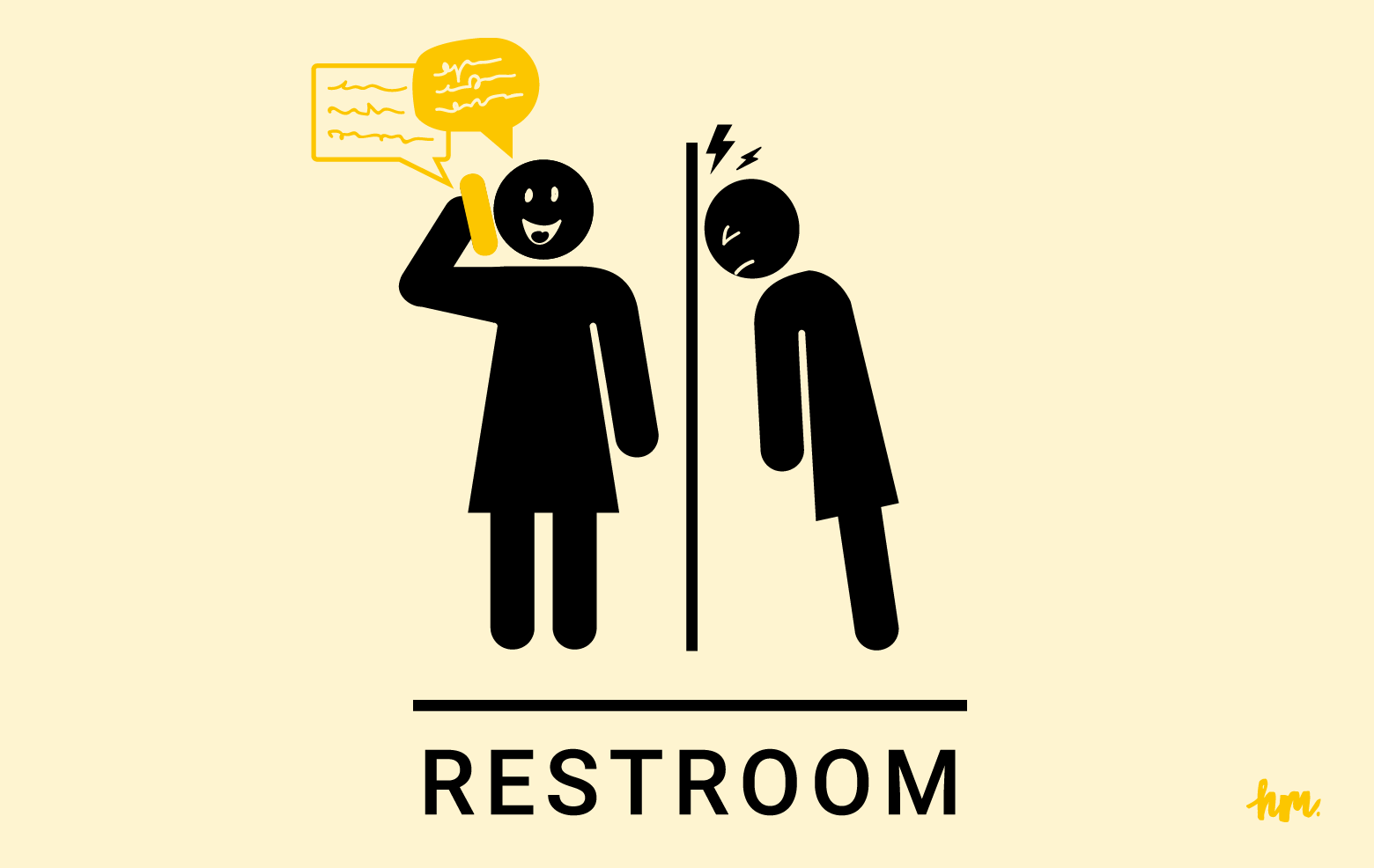 Illustration of a restroom sign with one of the female symbols chatting on a cell phone while the other female symbol bangs her head against the stall wall between them.