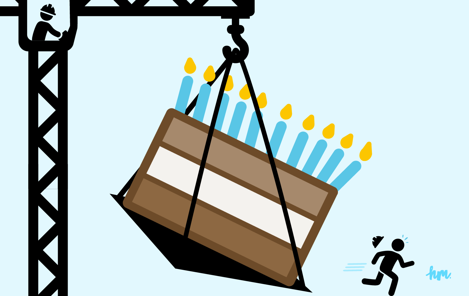 Illustration of an enormous birthday cake getting moved by a crane but it tilted to the right and it looks like it may fall at any moment.