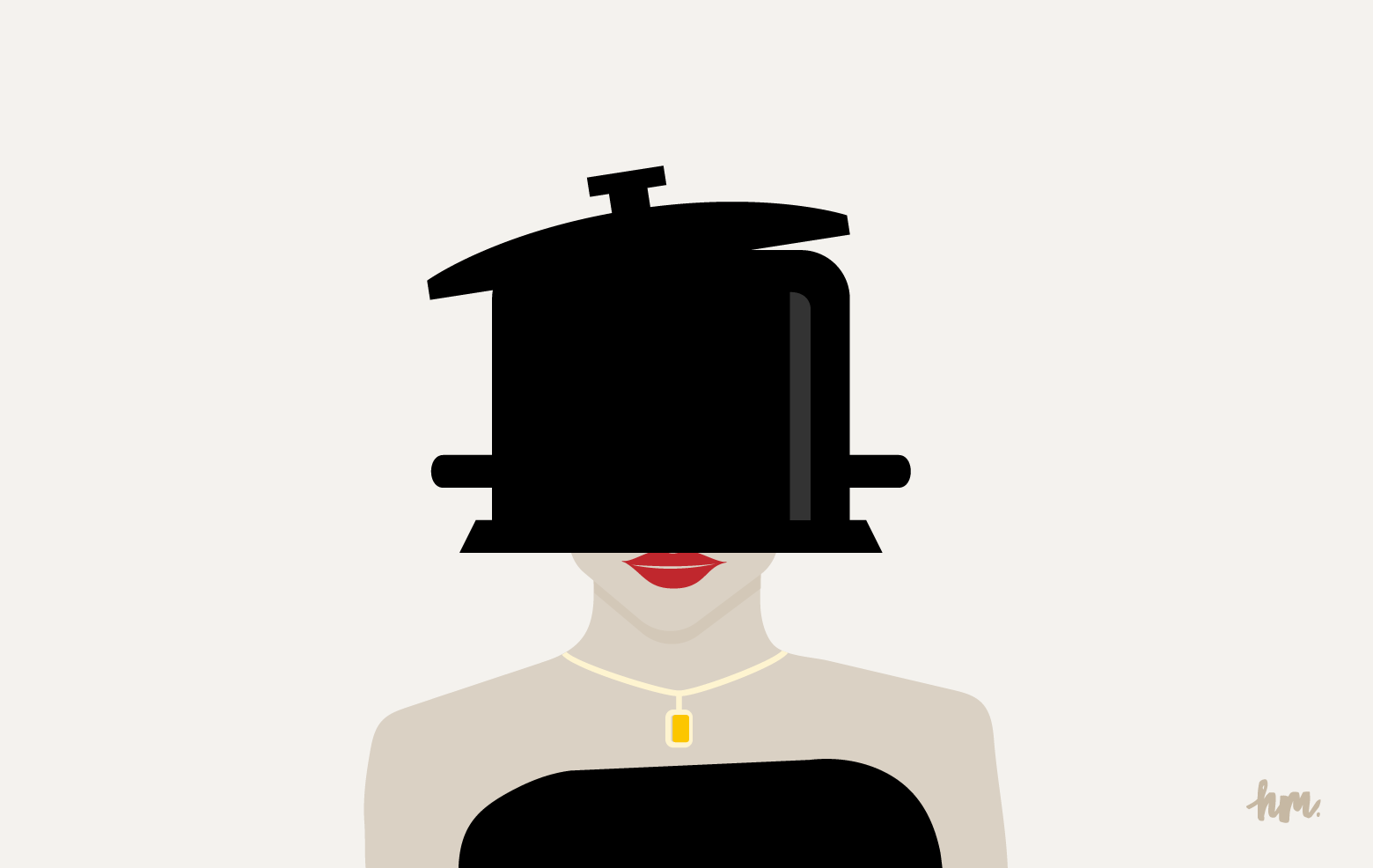 Illustration of a woman in a nice dress, with a gold necklace, and red lipstick, wearing a stockpot over her head.