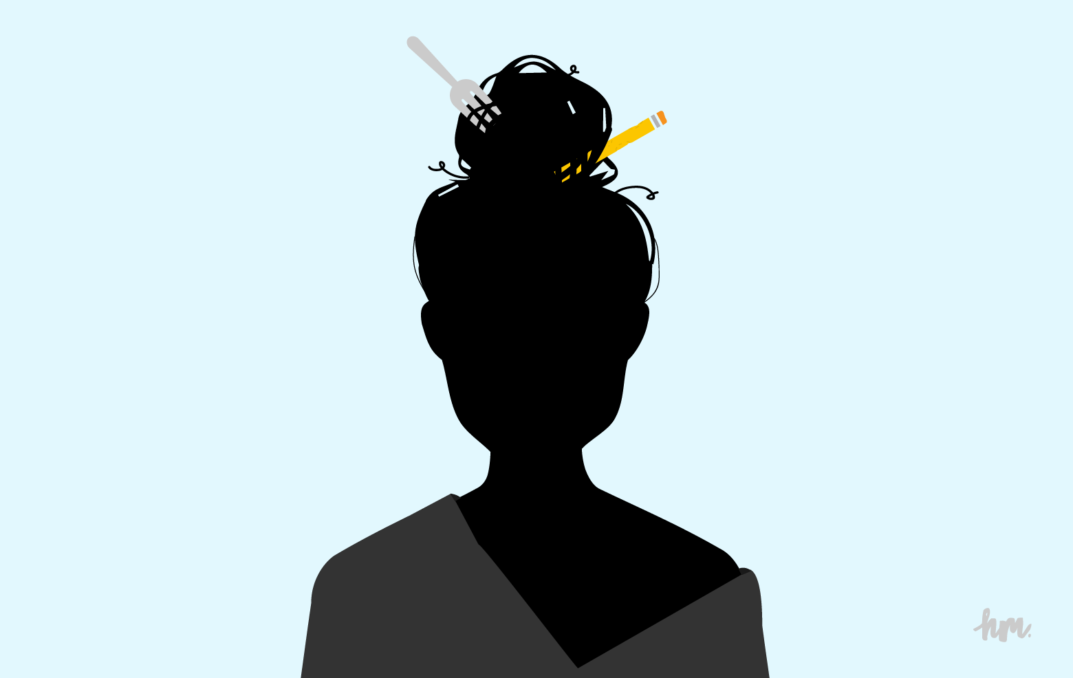Illustration of a woman's silhouette with a fork and a chewed up pencil stuck into a sloppy top knot of hair.